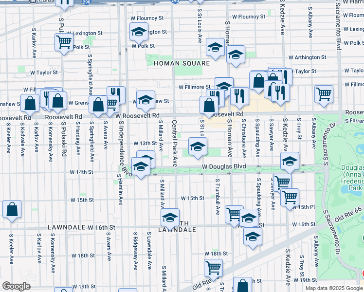 map of restaurants, bars, coffee shops, grocery stores, and more near 3528 West Douglas Boulevard in Chicago