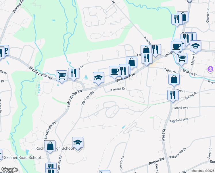 map of restaurants, bars, coffee shops, grocery stores, and more near 89 Windsor Avenue in Vernon