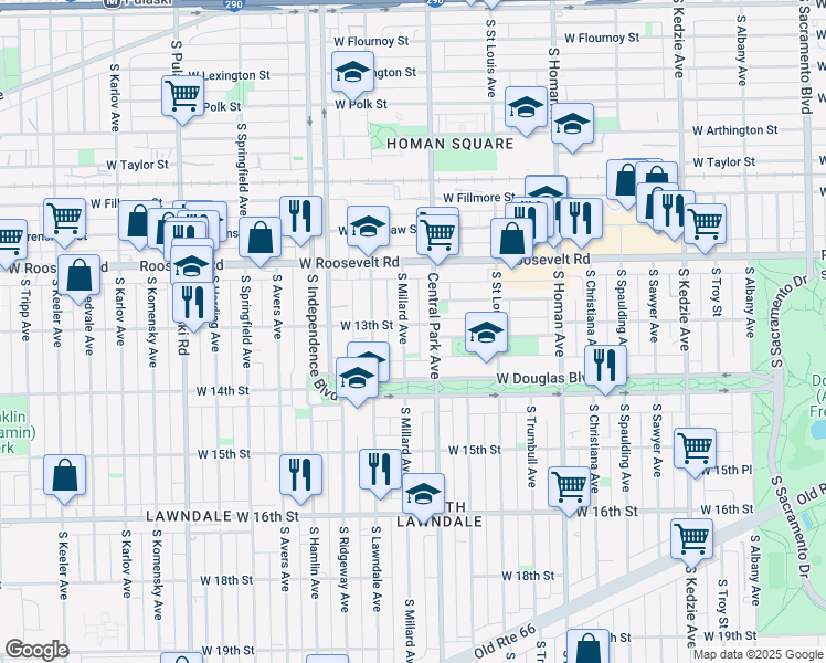 map of restaurants, bars, coffee shops, grocery stores, and more near 1242 South Central Park Avenue in Chicago
