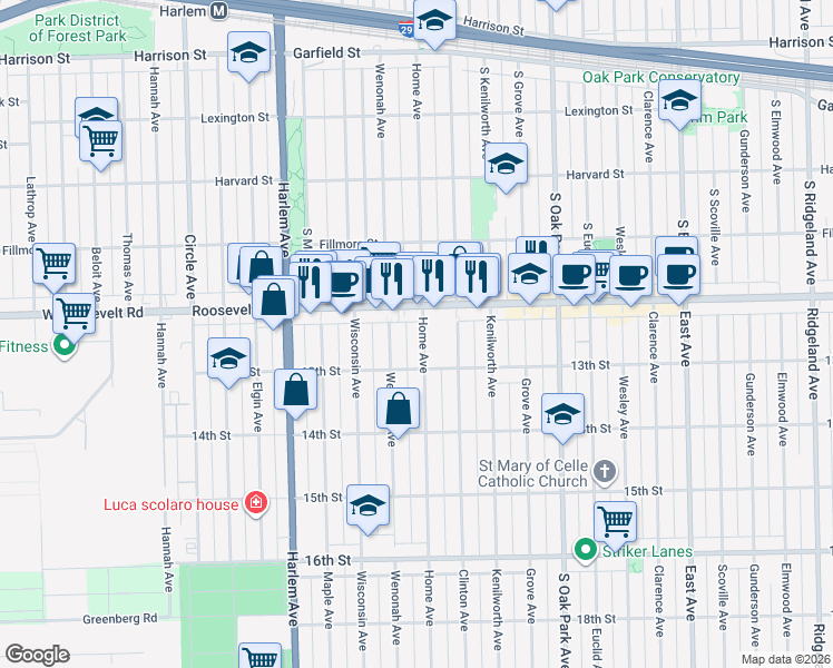 map of restaurants, bars, coffee shops, grocery stores, and more near 1220 Home Avenue in Berwyn
