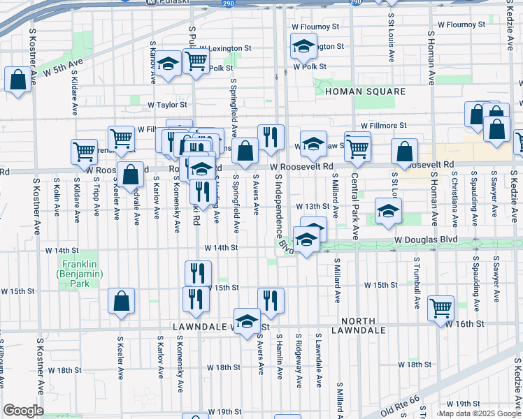 map of restaurants, bars, coffee shops, grocery stores, and more near 1238 South Avers Avenue in Chicago
