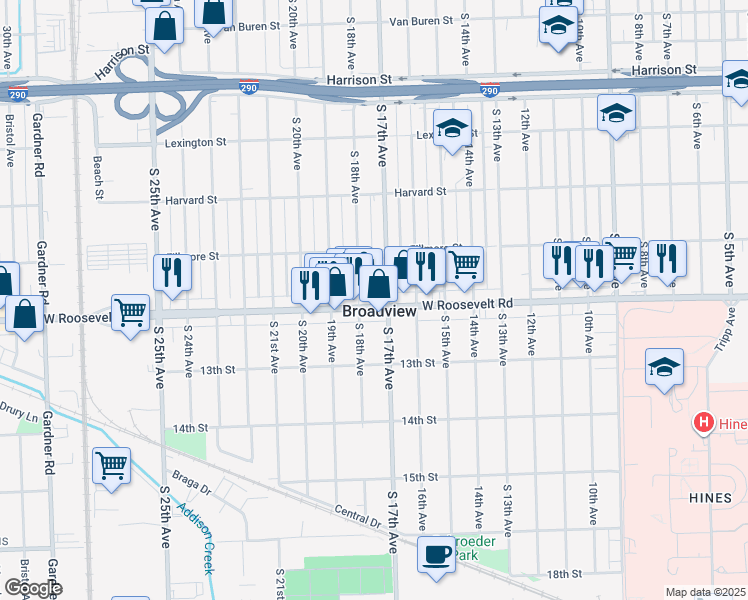 map of restaurants, bars, coffee shops, grocery stores, and more near 2120 South 17th Avenue in Broadview