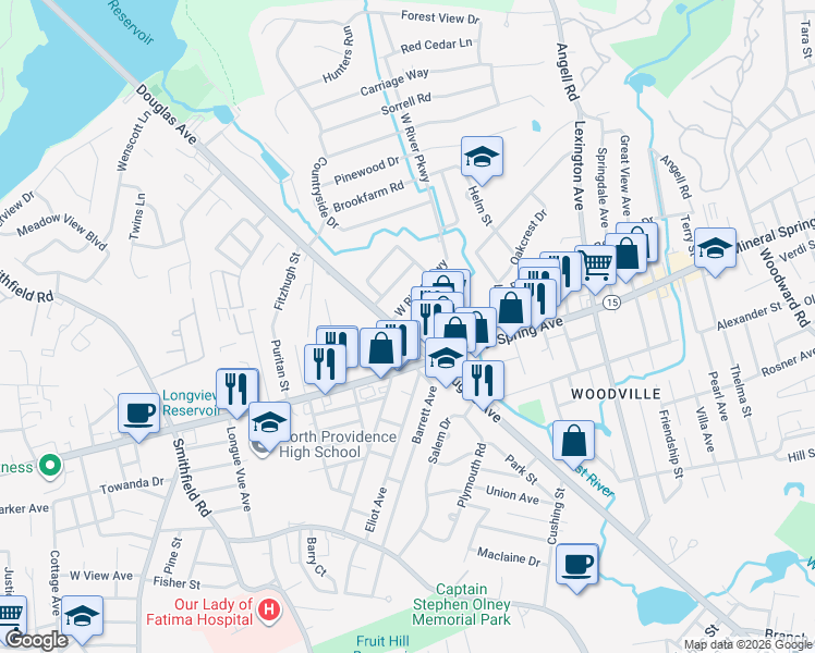 map of restaurants, bars, coffee shops, grocery stores, and more near 1421 Douglas Avenue in North Providence