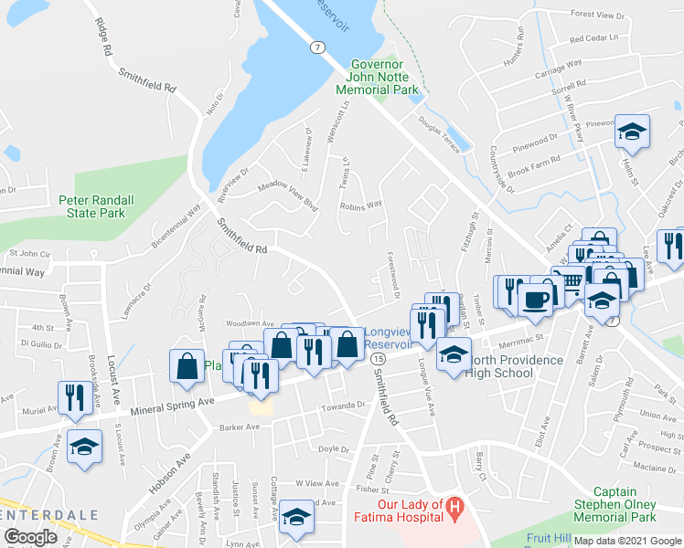map of restaurants, bars, coffee shops, grocery stores, and more near 567 Smithfield Road in Providence