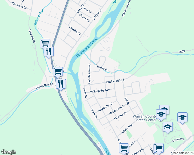 map of restaurants, bars, coffee shops, grocery stores, and more near 1200 Conewango Avenue in Warren