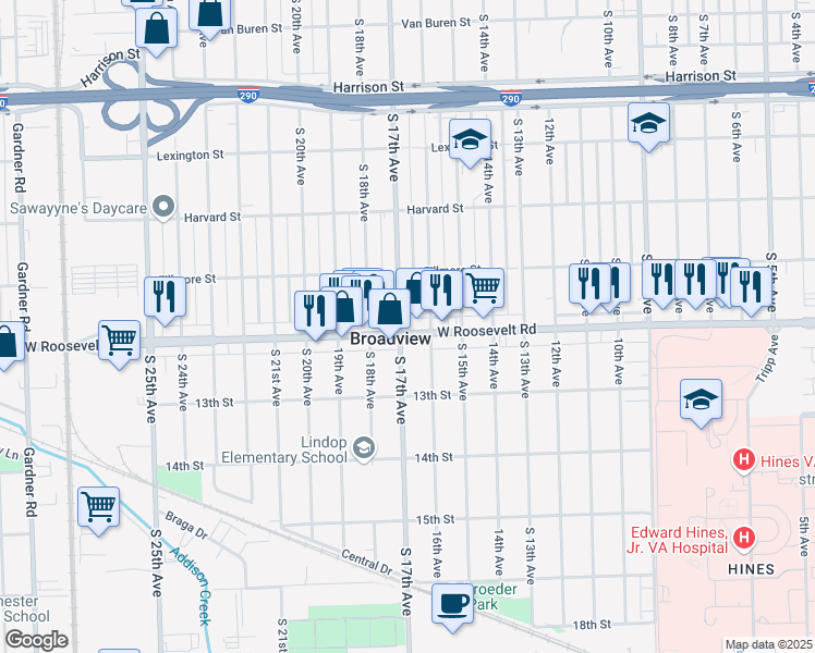 map of restaurants, bars, coffee shops, grocery stores, and more near 2122 16th Avenue in Broadview