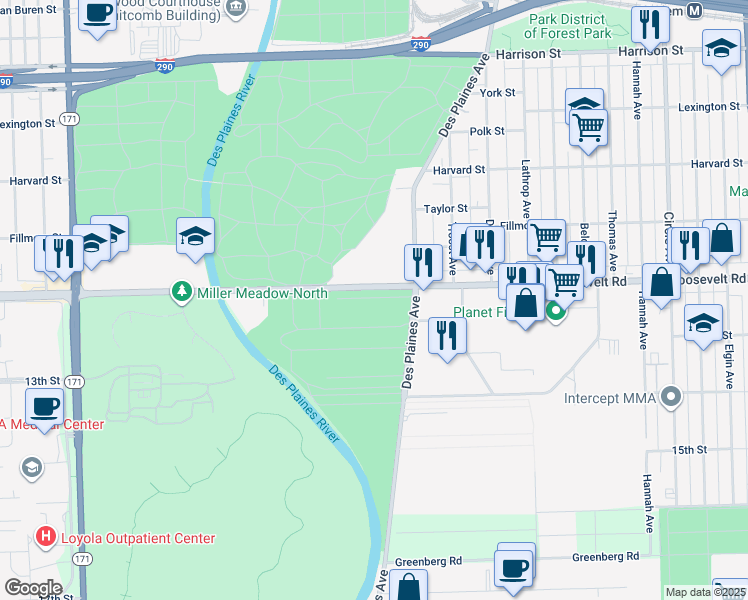map of restaurants, bars, coffee shops, grocery stores, and more near in Forest Park