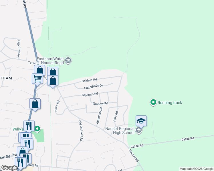 map of restaurants, bars, coffee shops, grocery stores, and more near 420 Oakleaf Road in Eastham
