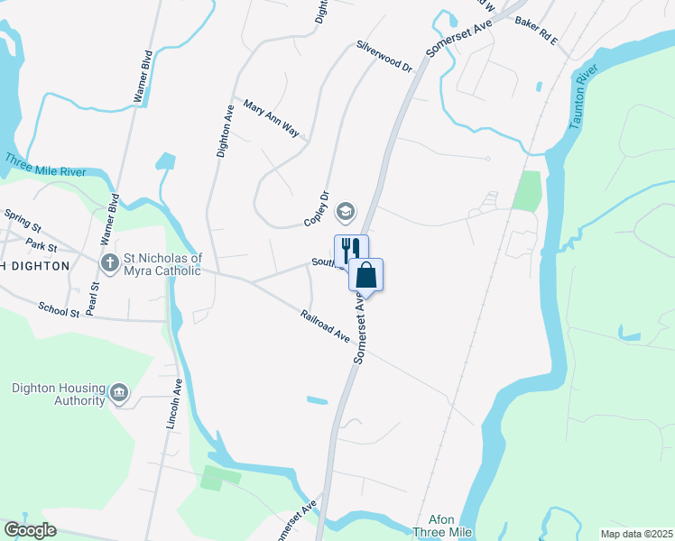 map of restaurants, bars, coffee shops, grocery stores, and more near 7 1/2 South Street in Taunton