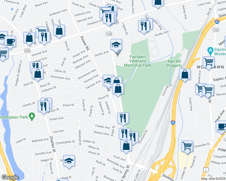 map of restaurants, bars, coffee shops, grocery stores, and more near 165 Power Road in Pawtucket