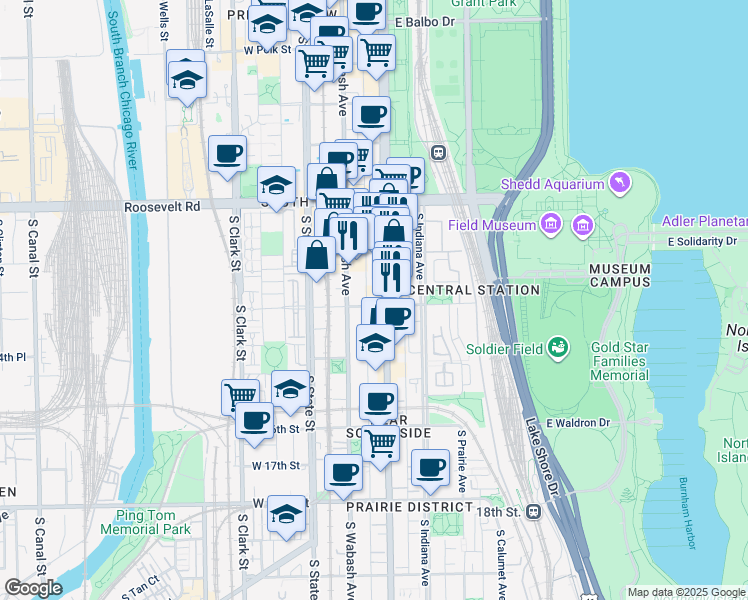 map of restaurants, bars, coffee shops, grocery stores, and more near 1325 South Michigan Avenue in Chicago