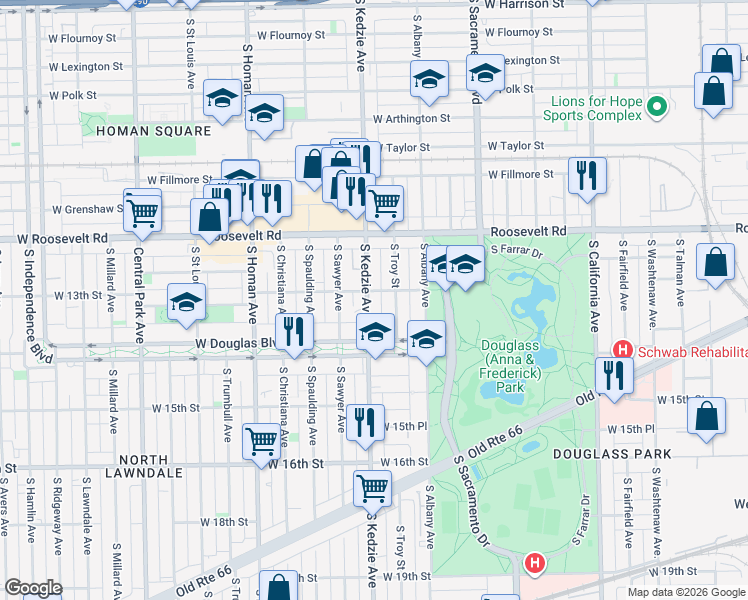 map of restaurants, bars, coffee shops, grocery stores, and more near 1246 South Troy Street in Chicago