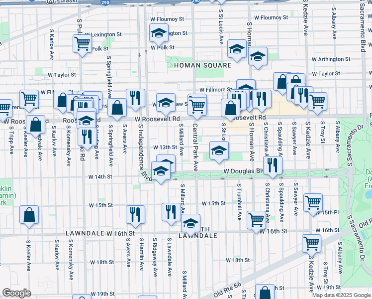 map of restaurants, bars, coffee shops, grocery stores, and more near 1242 South Central Park Avenue in Chicago