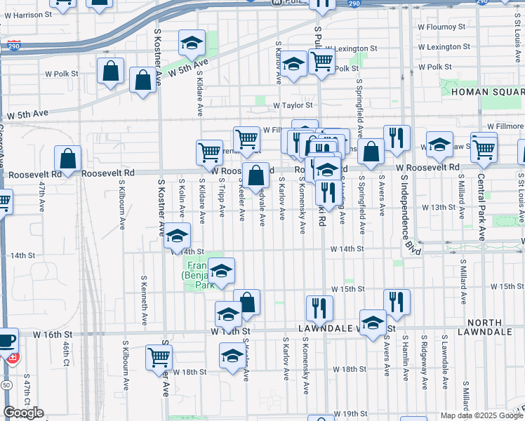map of restaurants, bars, coffee shops, grocery stores, and more near 1238 South Kedvale Avenue in Chicago