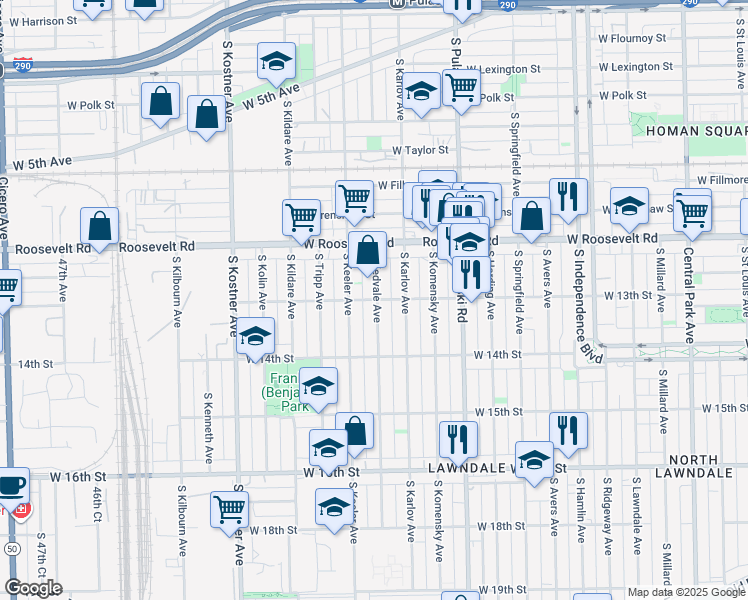 map of restaurants, bars, coffee shops, grocery stores, and more near 1238 South Kedvale Avenue in Chicago