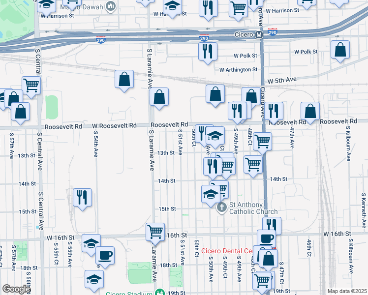 map of restaurants, bars, coffee shops, grocery stores, and more near 1222 50th Court in Cicero