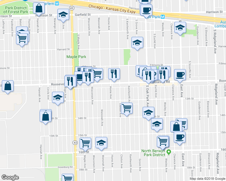 map of restaurants, bars, coffee shops, grocery stores, and more near 6930 12th Street in Oak Park
