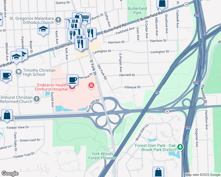 map of restaurants, bars, coffee shops, grocery stores, and more near S625 Old York Road in Elmhurst