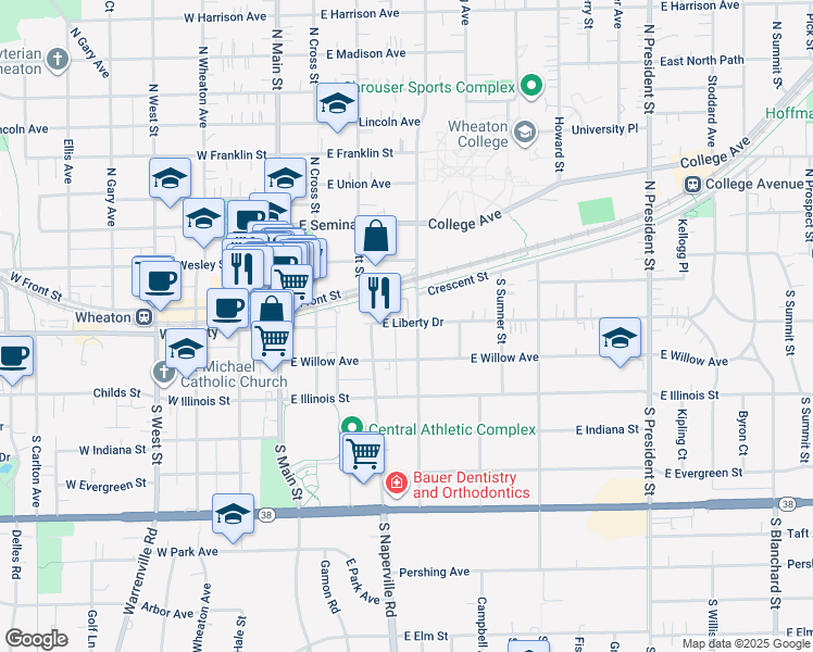 map of restaurants, bars, coffee shops, grocery stores, and more near in Wheaton