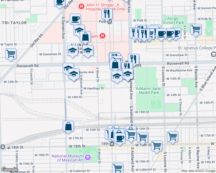 map of restaurants, bars, coffee shops, grocery stores, and more near 1722 West Hastings Street in Chicago