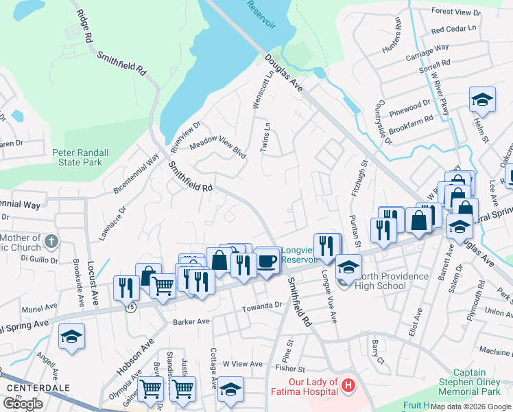 map of restaurants, bars, coffee shops, grocery stores, and more near 2 Orchard Lane in North Providence