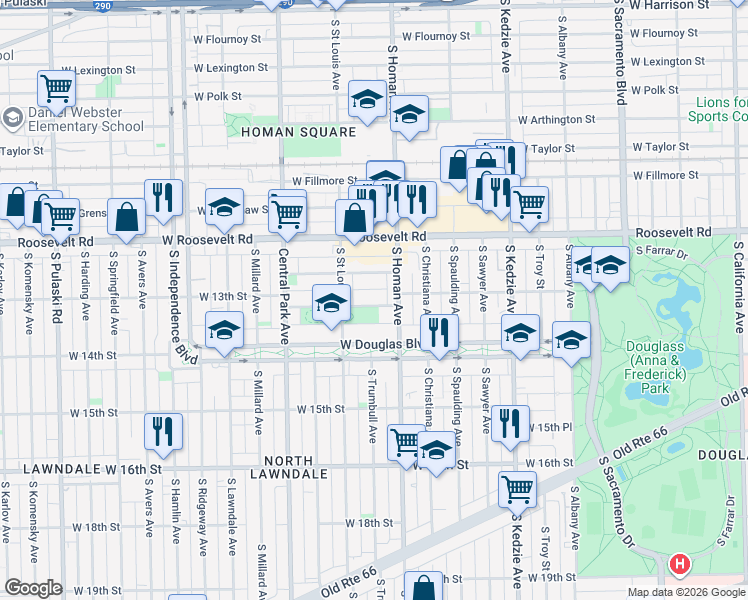 map of restaurants, bars, coffee shops, grocery stores, and more near 3411 West 12th Place in Chicago