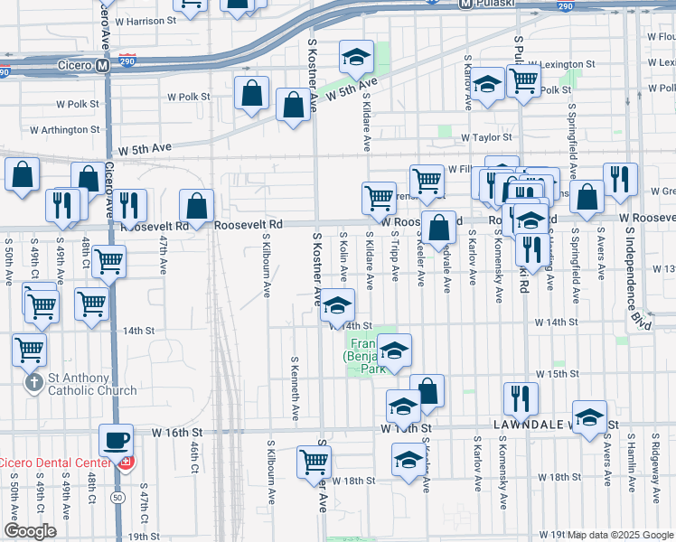 map of restaurants, bars, coffee shops, grocery stores, and more near 1256 South Kolin Avenue in Chicago