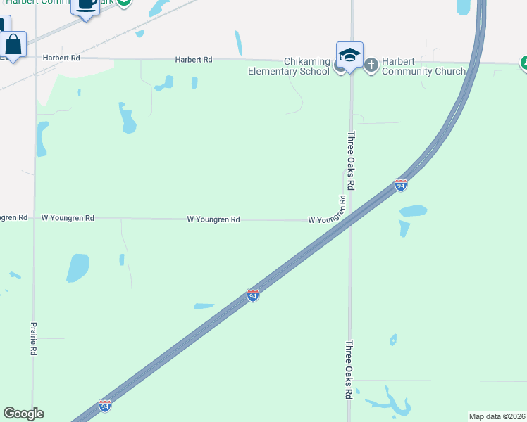 map of restaurants, bars, coffee shops, grocery stores, and more near 6716 Youngren Road in Three Oaks