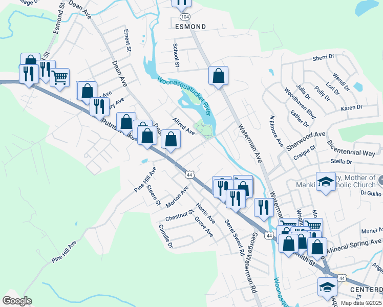 map of restaurants, bars, coffee shops, grocery stores, and more near 20 Angell Street in Johnston