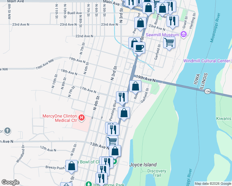 map of restaurants, bars, coffee shops, grocery stores, and more near 201-249 18th Avenue North in Clinton