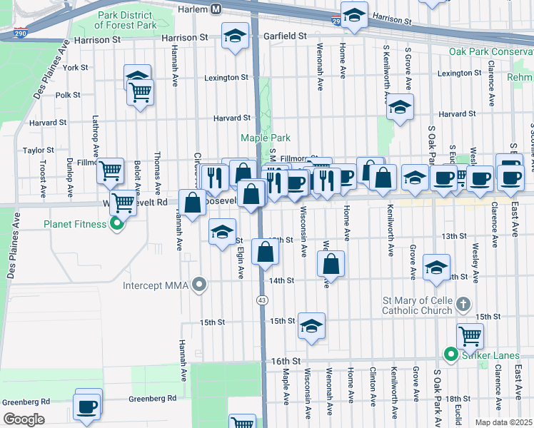 map of restaurants, bars, coffee shops, grocery stores, and more near in Oak Park