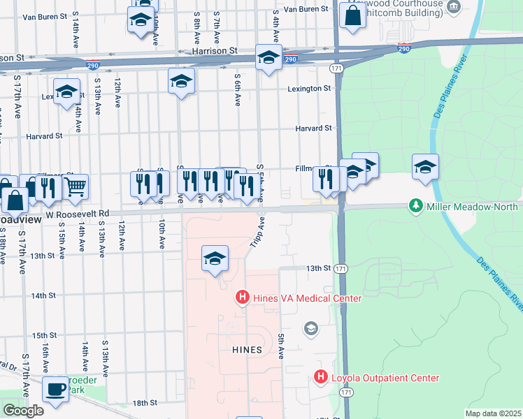 map of restaurants, bars, coffee shops, grocery stores, and more near W Roosevelt Rd & S 5th Ave in Maywood