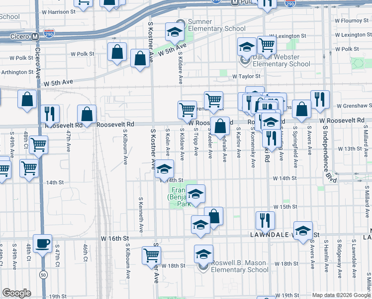 map of restaurants, bars, coffee shops, grocery stores, and more near 1237 South Kildare Avenue in Chicago