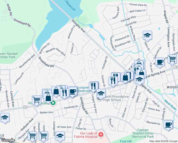 map of restaurants, bars, coffee shops, grocery stores, and more near 22 Primrose Lane in North Providence