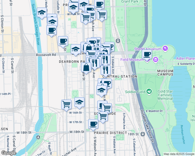 map of restaurants, bars, coffee shops, grocery stores, and more near 1327 South Wabash Avenue in Chicago