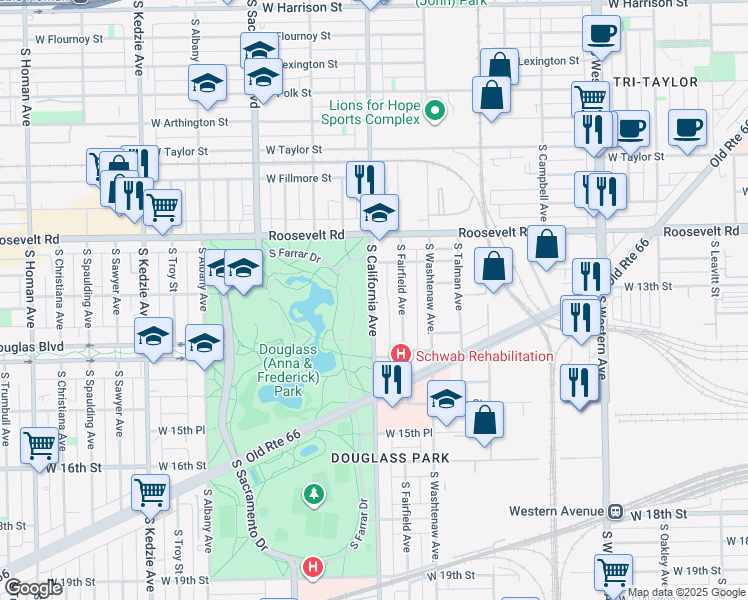 map of restaurants, bars, coffee shops, grocery stores, and more near 1249 South California Avenue in Chicago