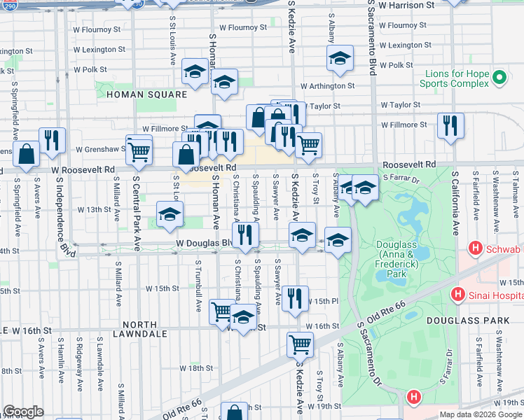 map of restaurants, bars, coffee shops, grocery stores, and more near 1243 South Spaulding Avenue in Chicago