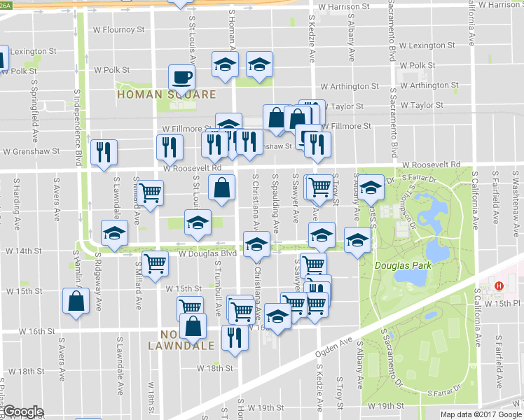 map of restaurants, bars, coffee shops, grocery stores, and more near 1244 South Christiana Avenue in Chicago