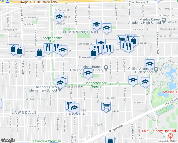 map of restaurants, bars, coffee shops, grocery stores, and more near 3447 West 12th Place in Chicago