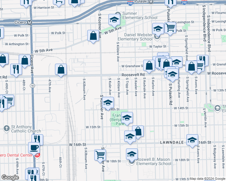 map of restaurants, bars, coffee shops, grocery stores, and more near 1235 South Kolin Avenue in Chicago