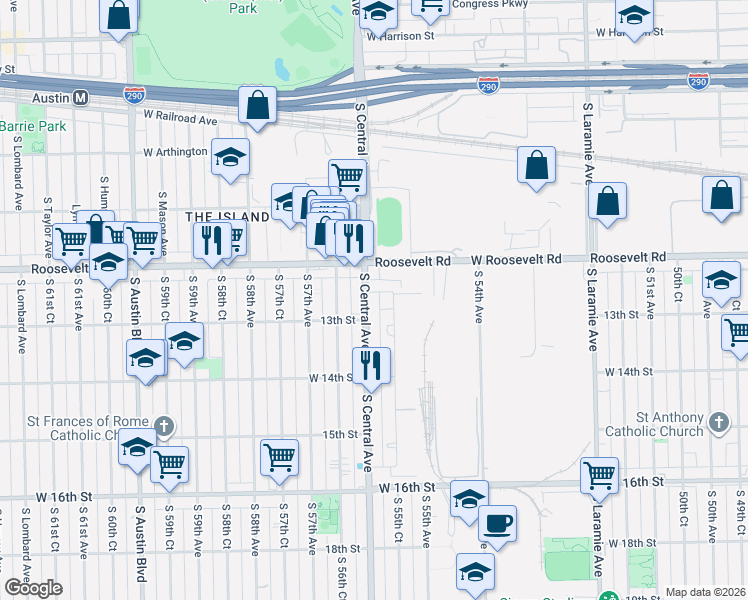 map of restaurants, bars, coffee shops, grocery stores, and more near 1215 South Central Avenue in Cicero