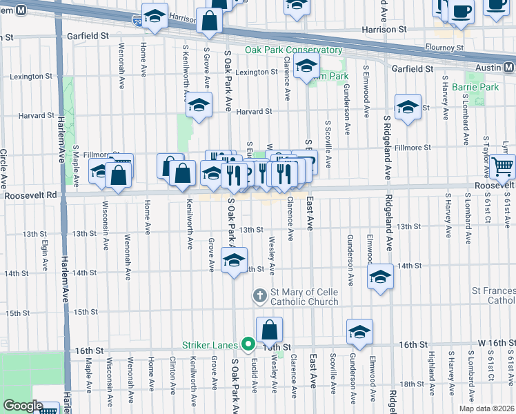 map of restaurants, bars, coffee shops, grocery stores, and more near 6713 12th Street in Oak Park