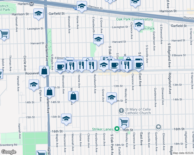 map of restaurants, bars, coffee shops, grocery stores, and more near 6901 Roosevelt Road in Berwyn