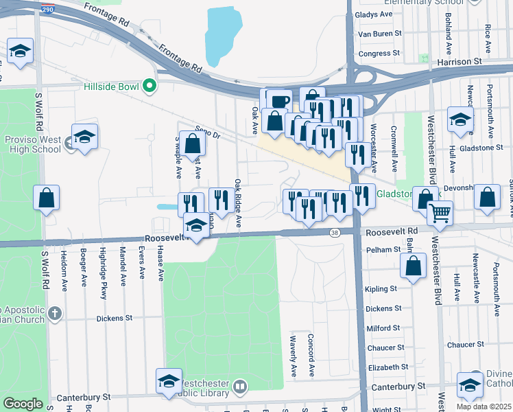 map of restaurants, bars, coffee shops, grocery stores, and more near 301 Oak Ridge Avenue in Hillside