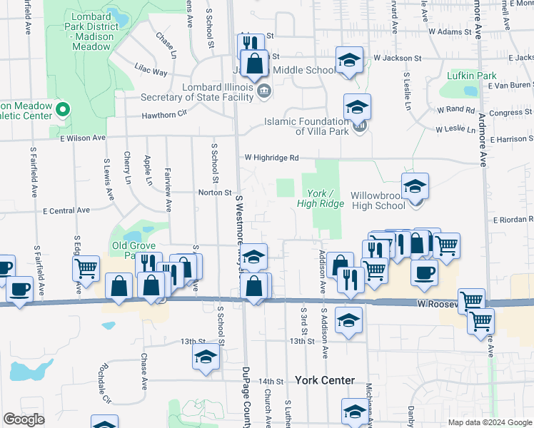 map of restaurants, bars, coffee shops, grocery stores, and more near 1076 Kufrin Way in Lombard