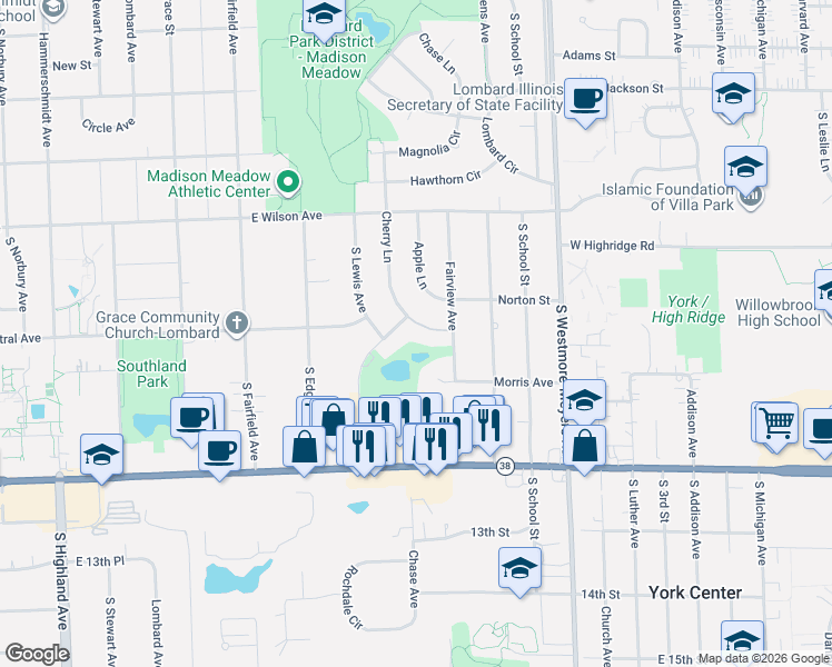 map of restaurants, bars, coffee shops, grocery stores, and more near 1067 Cherry Lane in Lombard