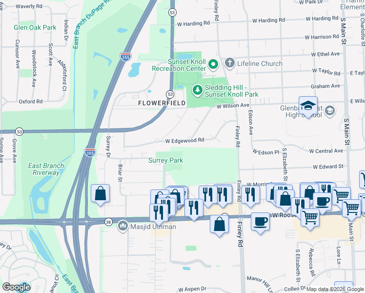 map of restaurants, bars, coffee shops, grocery stores, and more near 550 West Edgewood Road in Lombard