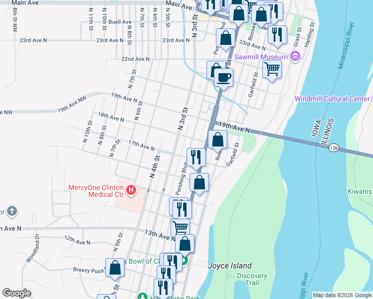 map of restaurants, bars, coffee shops, grocery stores, and more near 201-249 18th Avenue North in Clinton