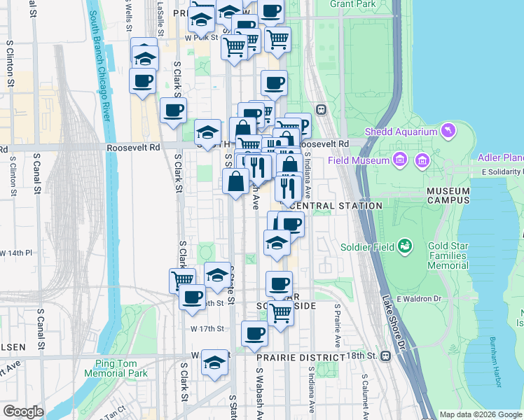 map of restaurants, bars, coffee shops, grocery stores, and more near 1327 South Wabash Avenue in Chicago