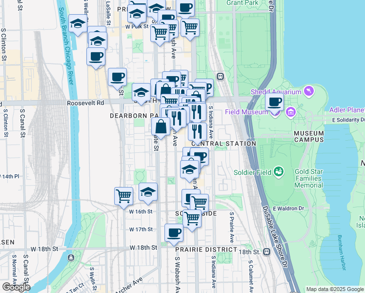 map of restaurants, bars, coffee shops, grocery stores, and more near 1333 South Wabash Avenue in Chicago